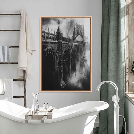 Gothic Bridge Over Foggy Water Dark Spires Monochrome Ink Halloween Poster
