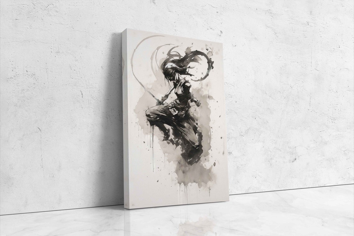 Black Ink Samurai Warrior Dynamic Sword Pose Japanese Sumi E Wall Art - Image 4