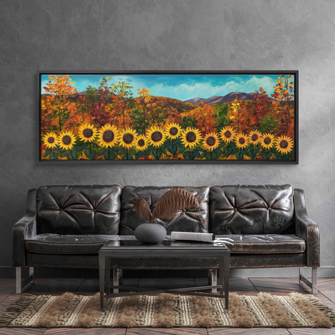 Sunflower Field With Fall Foliage And Mountain Backdrop Art Poster - Image 3