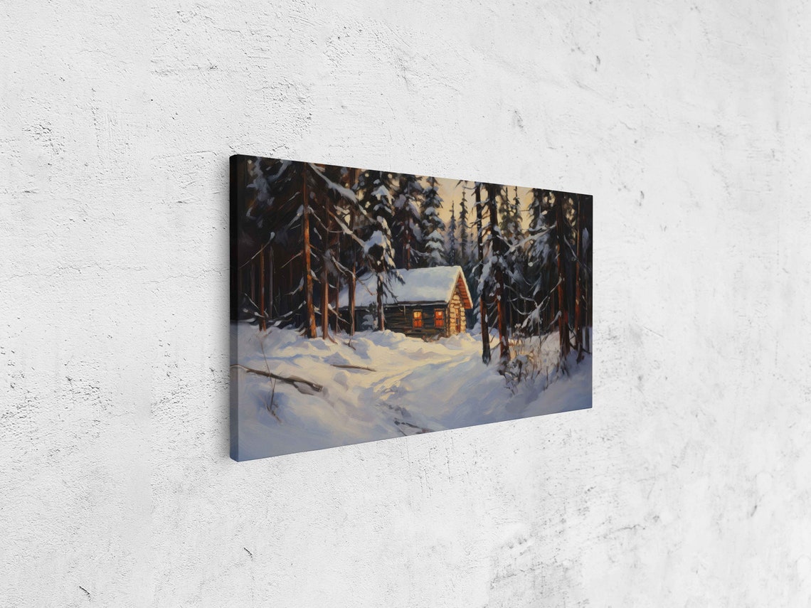 Snowy Log Cabin Warm Window Light Forest Twilight Winter Art Print - Image 4