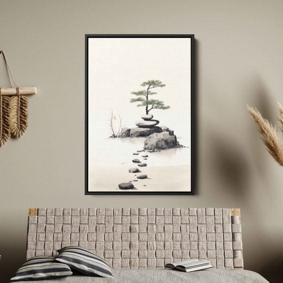 Japanese Zen Garden Watercolor Art Print, Minimalist