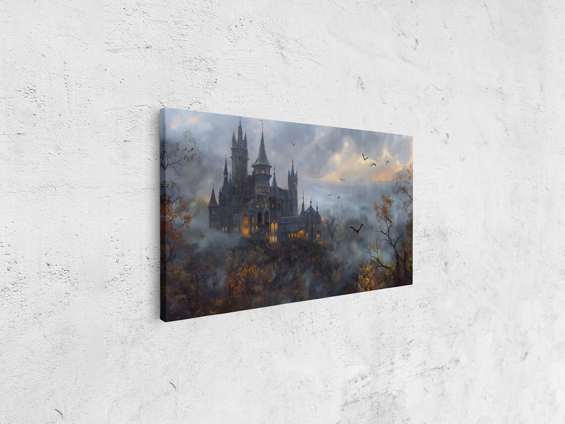 Gothic Castle On Hill With Twisted Trees Bats In Foggy Autumn Night Wall Art - Image 4