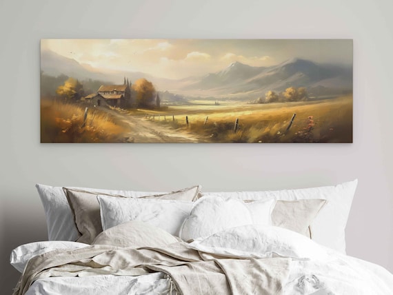 Panoramic Home On The Prairie Country Fields With Mountains Impressionist Oil Painting Print On Ready To Hang Minimalist
