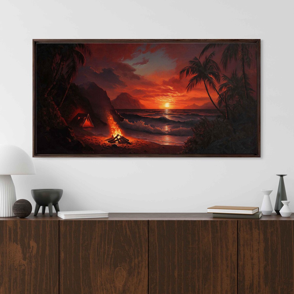 Dramatic Beach Camping Scene, Sunset Ocean Waves - Image 3