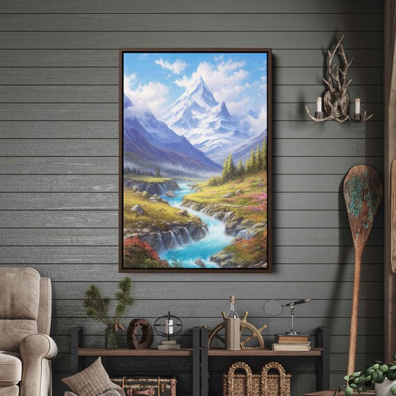 Painting Of Winding River And A Snow Covered Mountain Framed Print Ready To Hang