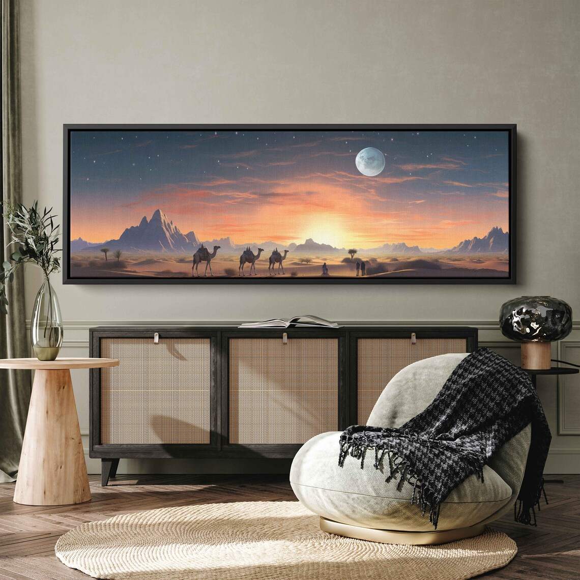 Desert Sand Dunes Camels Panoramic Wall Art Print Sunset Mountain Range Moon Over Desert Ready To Hang - Image 2