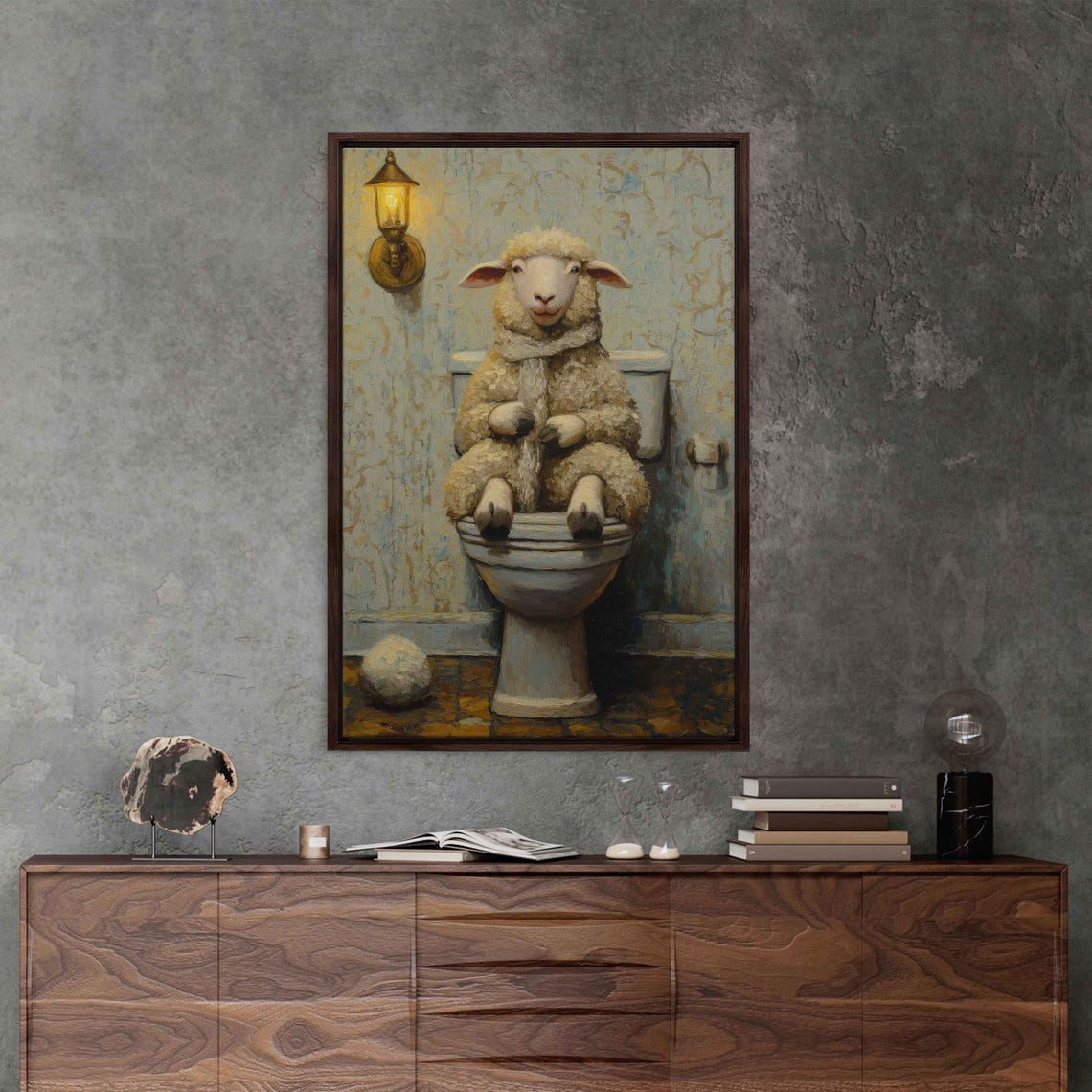 Whimsical Sheep In Scarf Sitting On Vintage Toilet Wall Art Poster