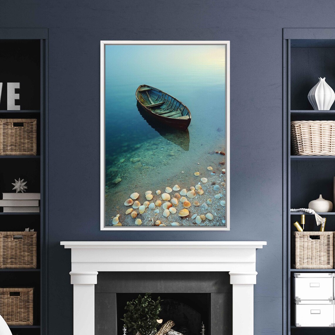 Old Wooden Rowboat On Crystal Clear Turquoise Water Seashells Poster