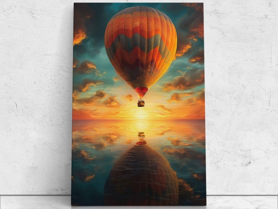 Hot Air Ballon Reflection At Sunset Print Ready To Hang Bright Vibrant Colors