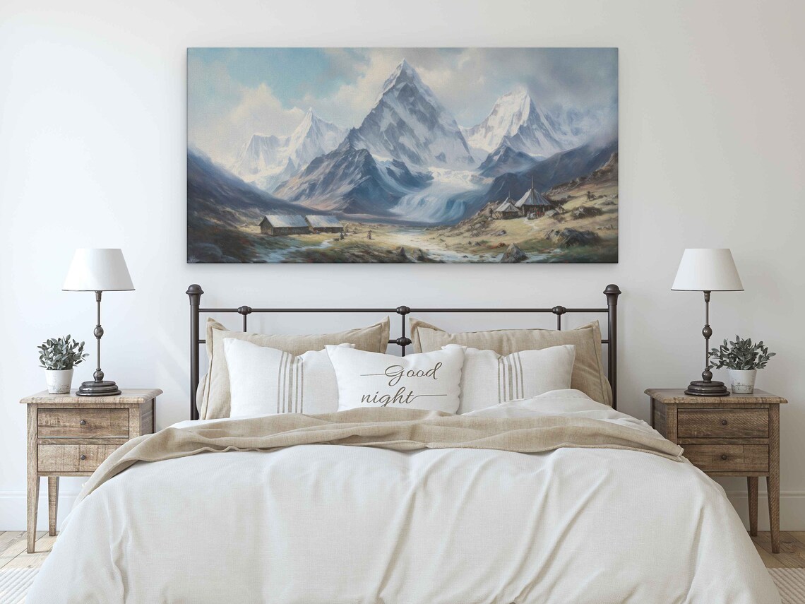 Snow Capped Mountain Village Valley Oil Painting Travel Poster - Image 2