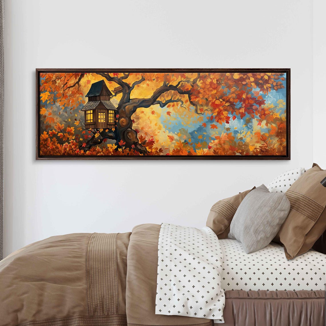 Cozy Treehouse Autumn Maple Leaves Falling Panoramic Wall Poster