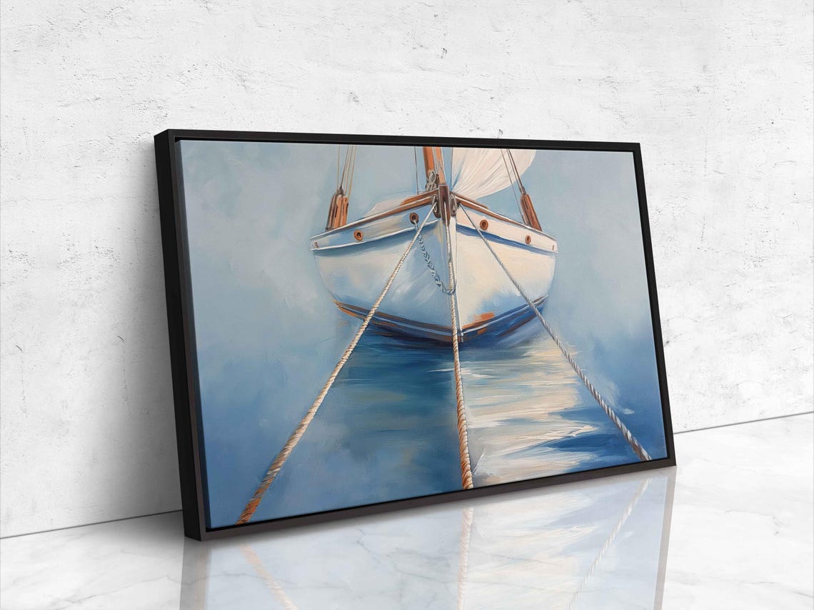 Sailboat Bow Front View With Ropes On Mirror Calm Blue Water Poster - Image 4