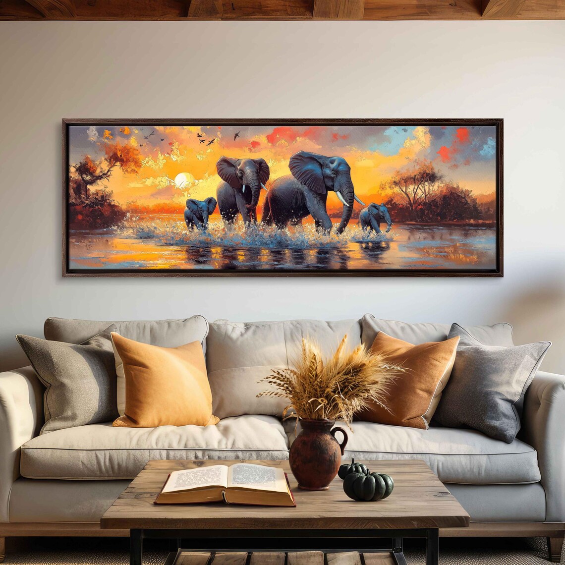 Elephant Family Crossing River African Sunset Vibrant Safari Wall Art