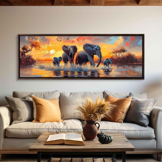 Elephant Family Crossing River African Sunset Vibrant Safari Wall Art