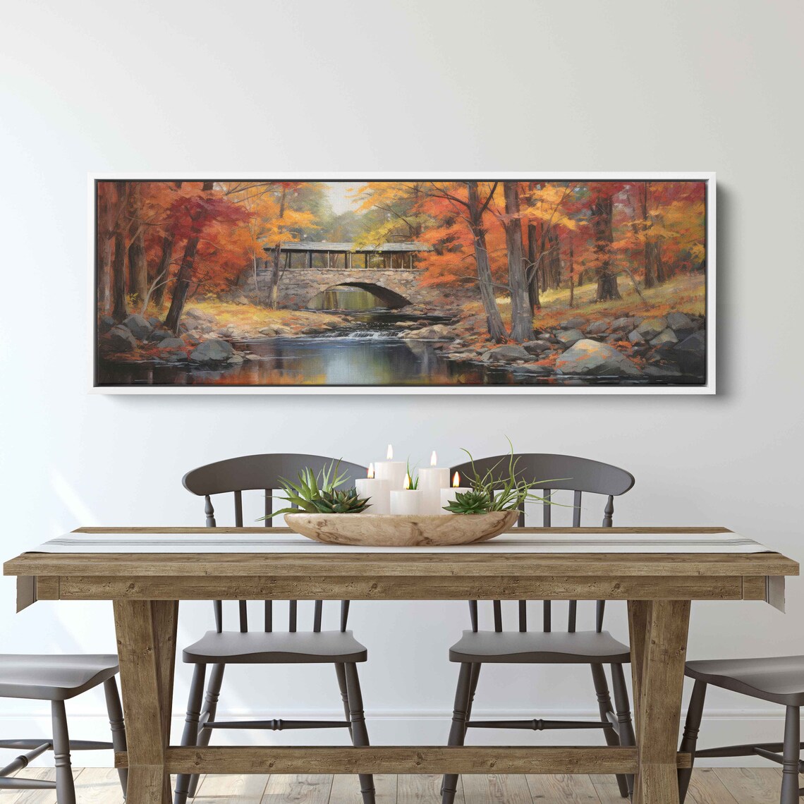 Rustic Covered Wilderness Bridge Panoramic Wall Art Print Forest Stream Fall Tree Colors Ready To Hang - Image 2