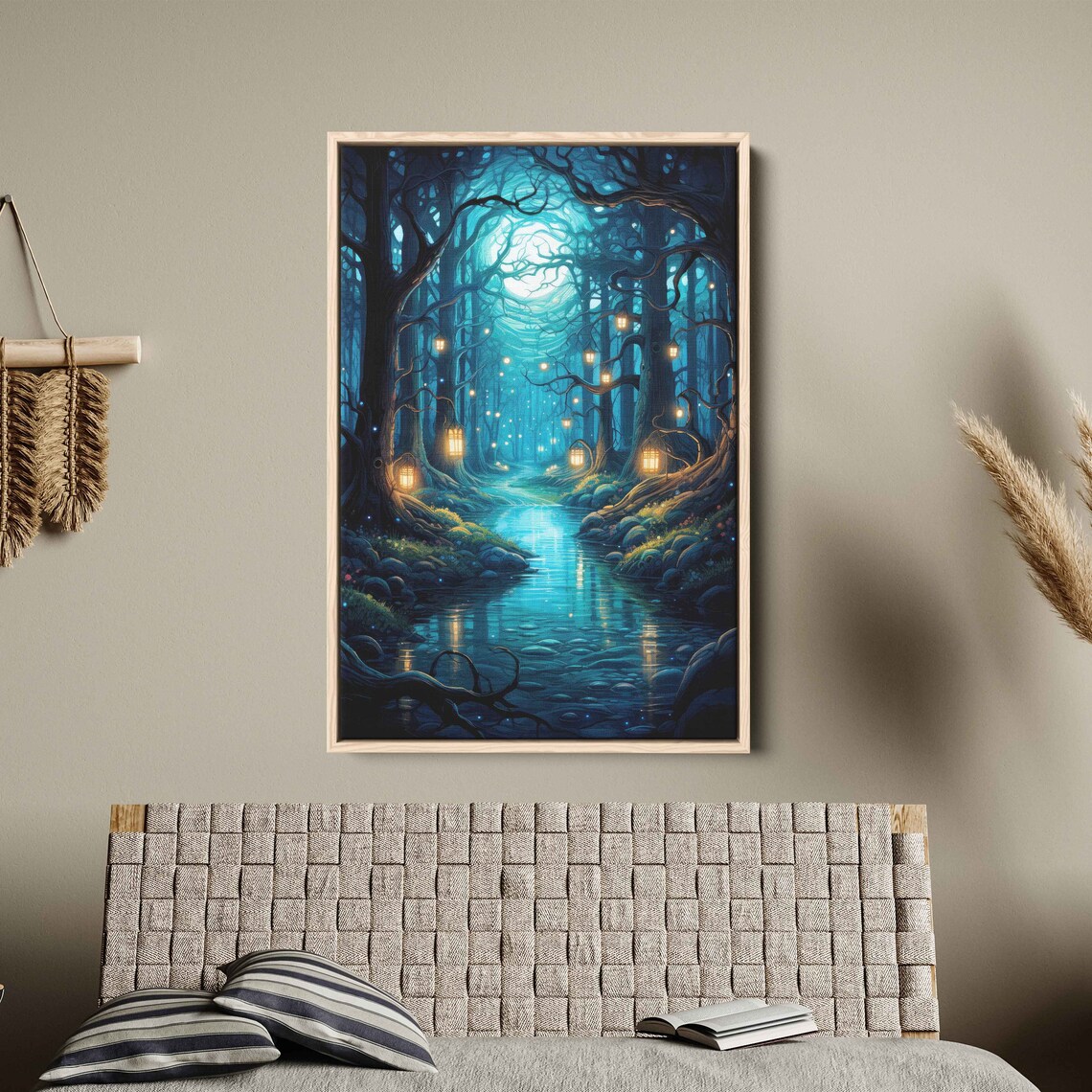 Enchanted Lantern Forest Winding Stream Magical Pond Fantasy Art Wall Art Print Ready To Hang