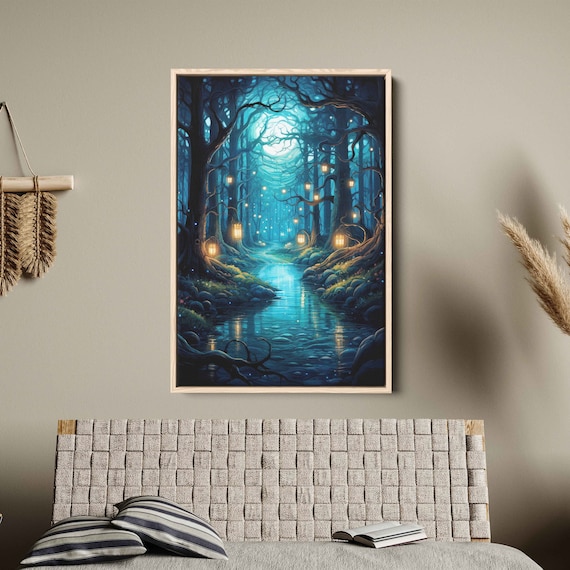 Enchanted Lantern Forest Winding Stream Magical Pond Fantasy Art Wall Art Print Ready To Hang