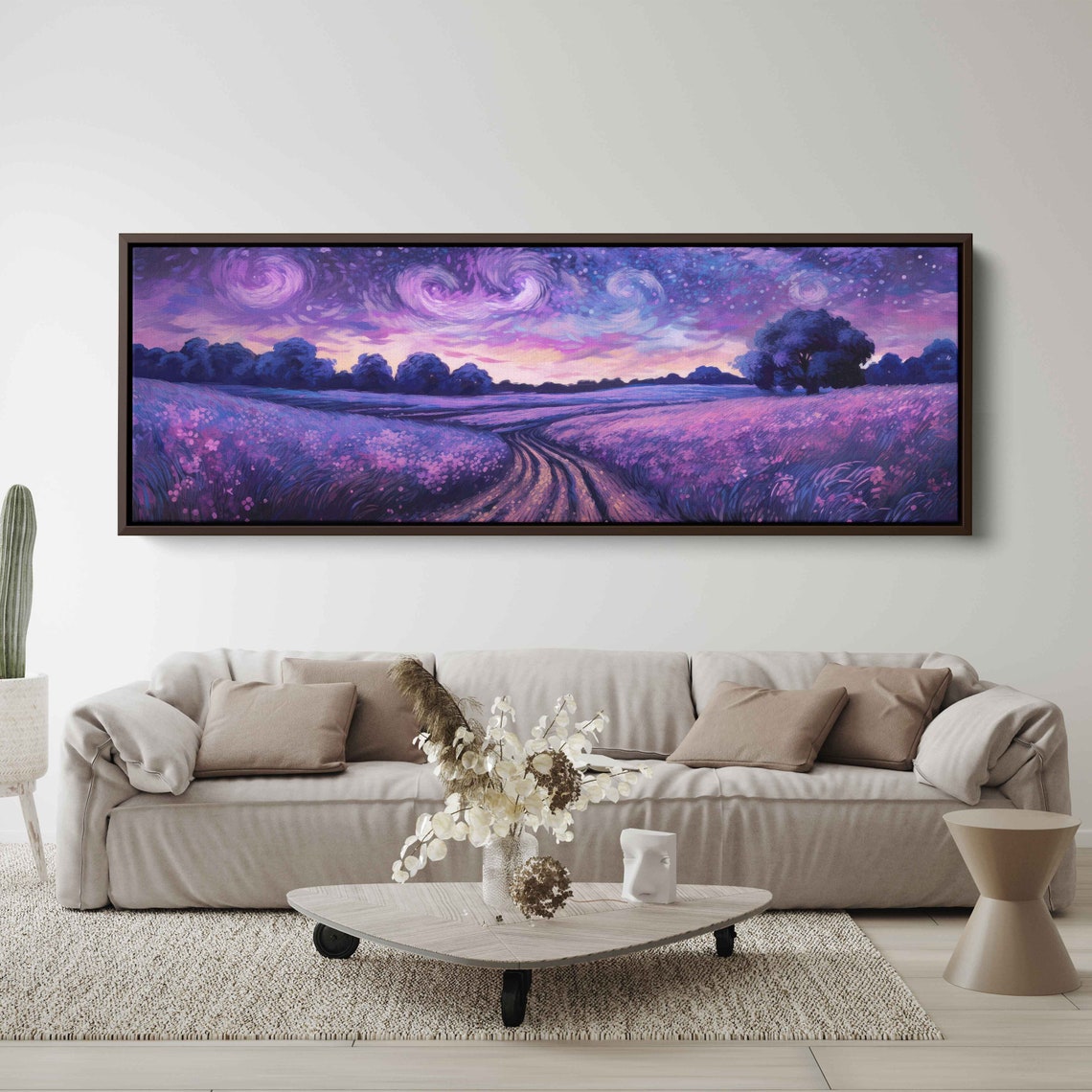 Starry Night Sky Lavender Field Panoramic Painting Reproduction Print Ready To Hang - Image 2