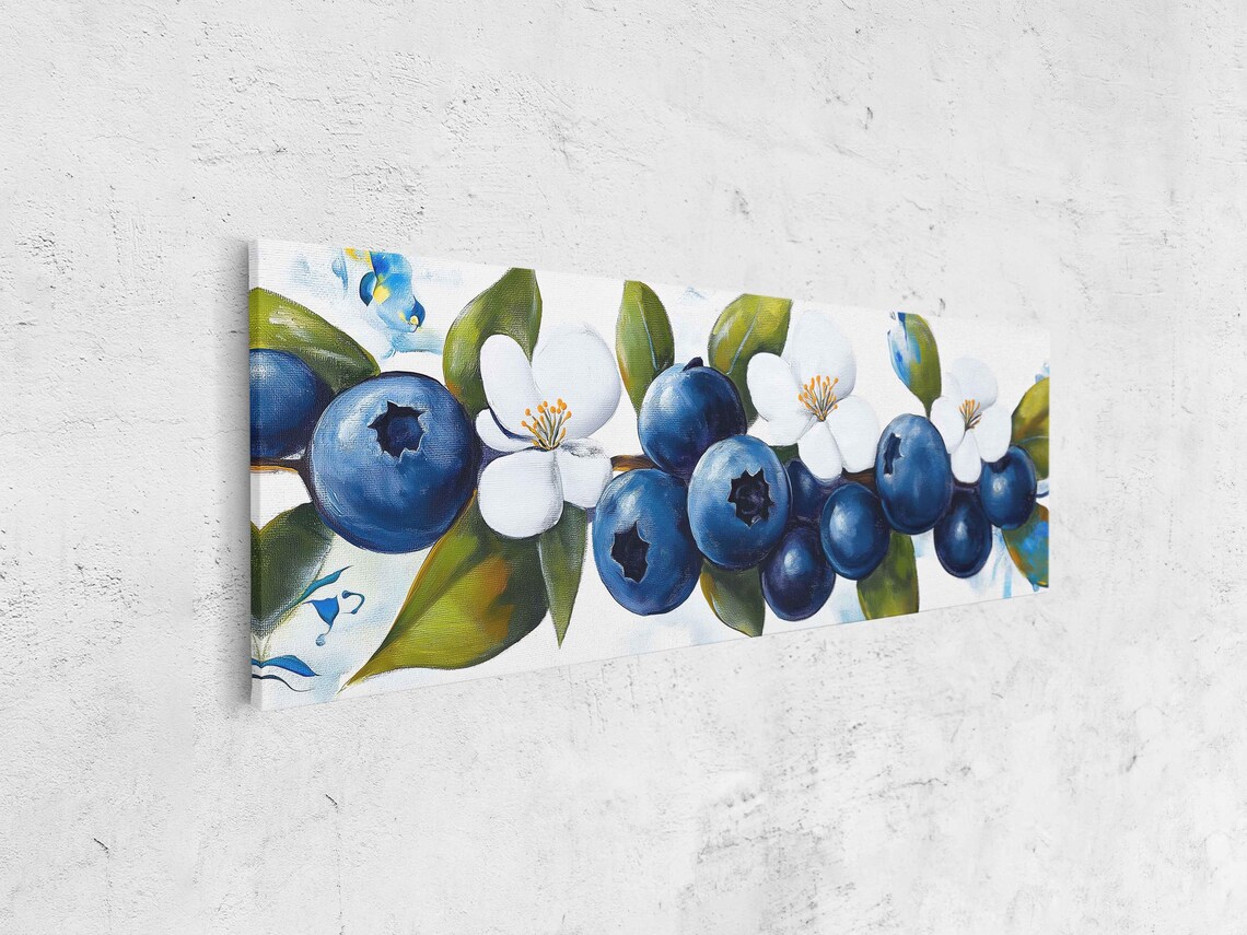 Deep Blue Blueberries And White Blossoms Botanical Art Print - Image 4