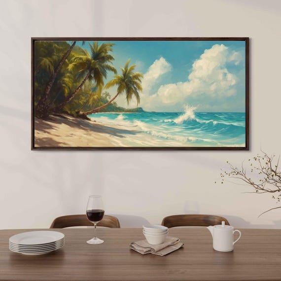 Tropical Ocean Landscape Wall Art Print Palm Trees Turquoise Waves Gentle Breeze