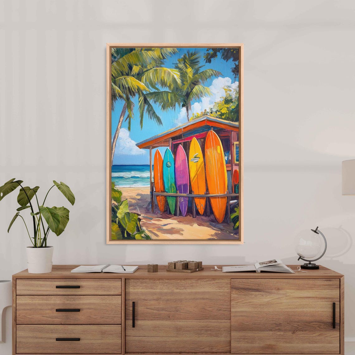 Surfboards Resting Against Shack On Sandy White Beach Wall Art Print Gift For Surfer Palm Trees Ocean Painting Ready To Hang - Image 3