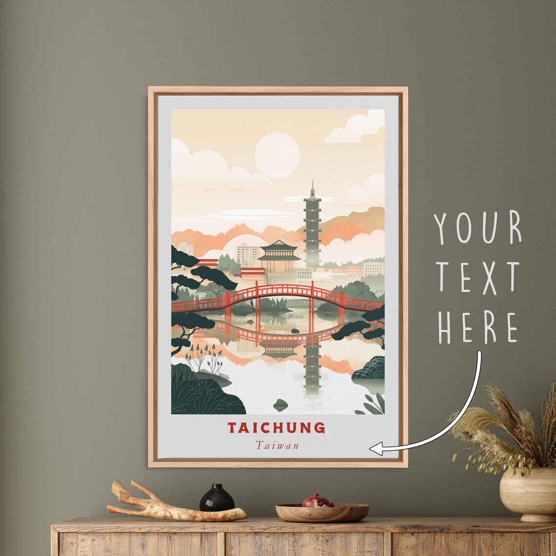 Taichung Taiwan Red Bridge Pagoda Lake Sunset Art Travel Poster