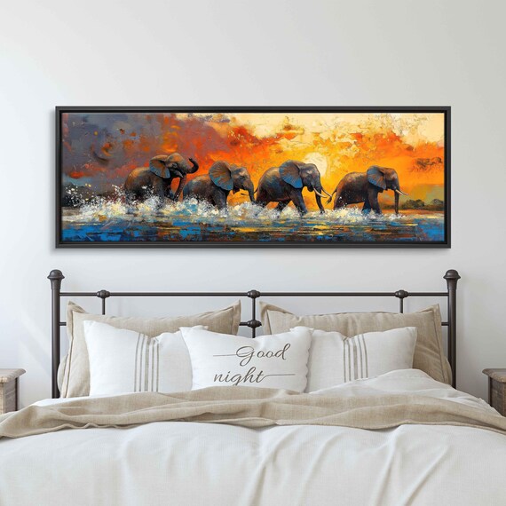Elephants Crossing River Sunset Splashing Water Joyful Herd Art Poster