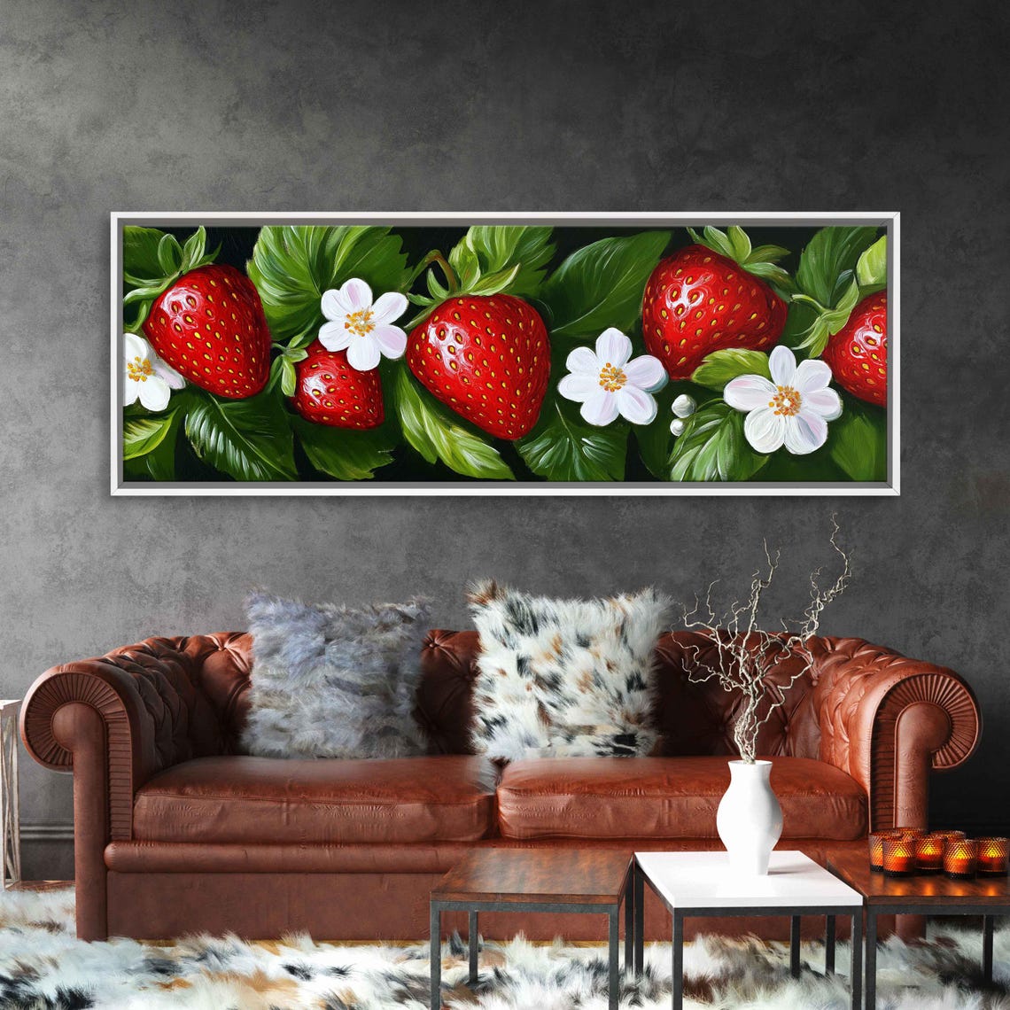 Lush Strawberries And Large Blossoms Panoramic Wall Art Print - Image 3