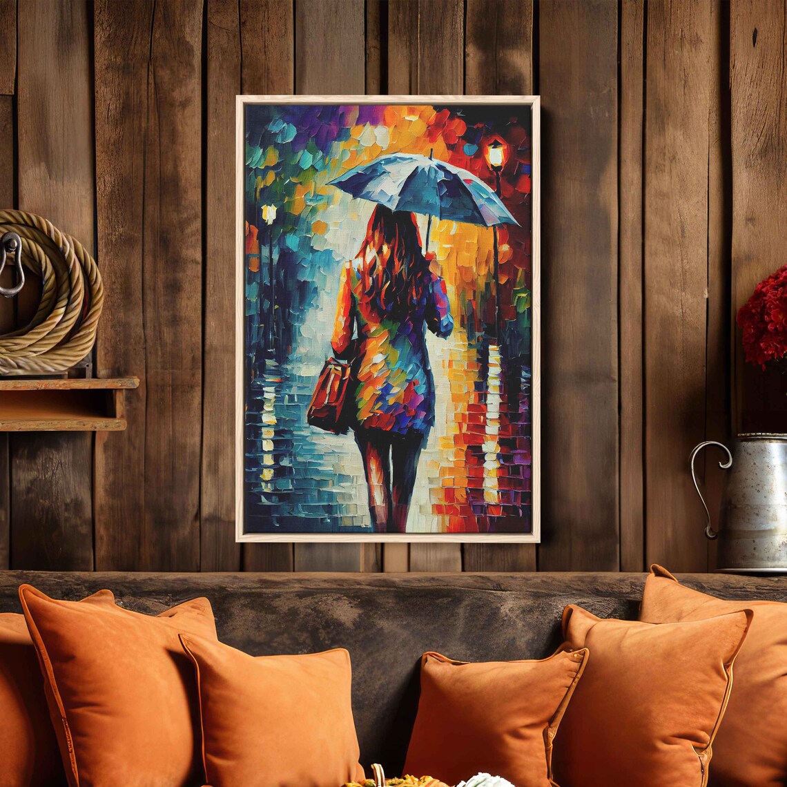 Woman With Umbrella Rainy Night Street Vibrant Palette Knife Oil Painting Print - Image 3