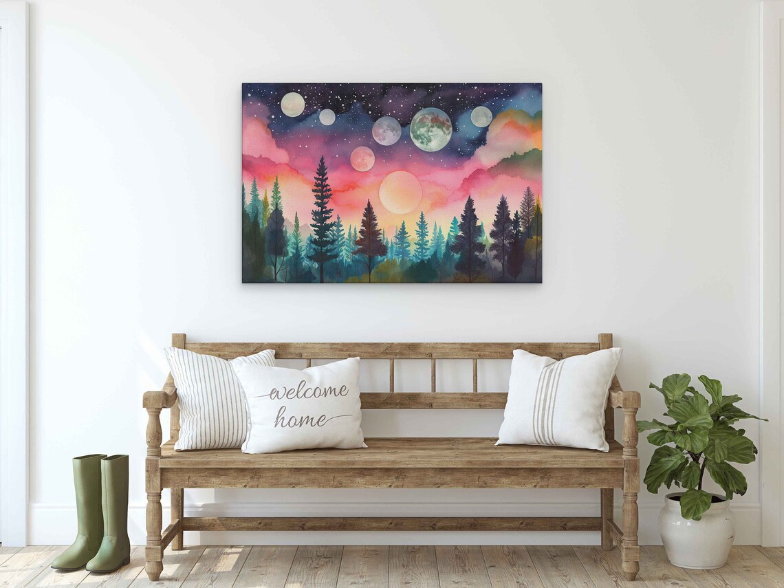 Celestial Watercolor Moons And Planets Over Pink Pine Forest Night Print - Image 2