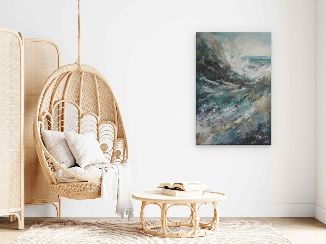 Abstract Ocean Waves Crashing Teal Brushstrokes Coastal Modern Poster - Image 3