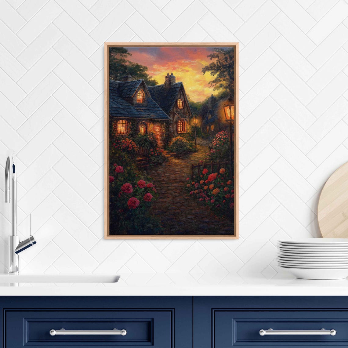 Cozy Cottage Sunset Glowing Windows Rose Garden Nostalgic Home Poster - Image 3