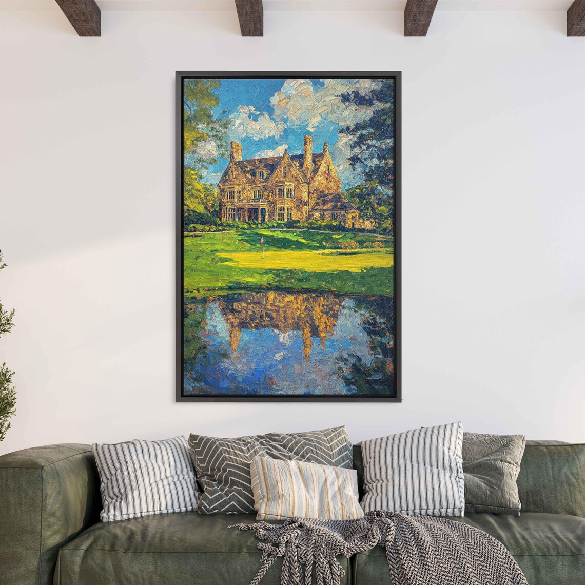 Stone Golf Clubhouse By Still Pond With Reflection Oil Painting Poster