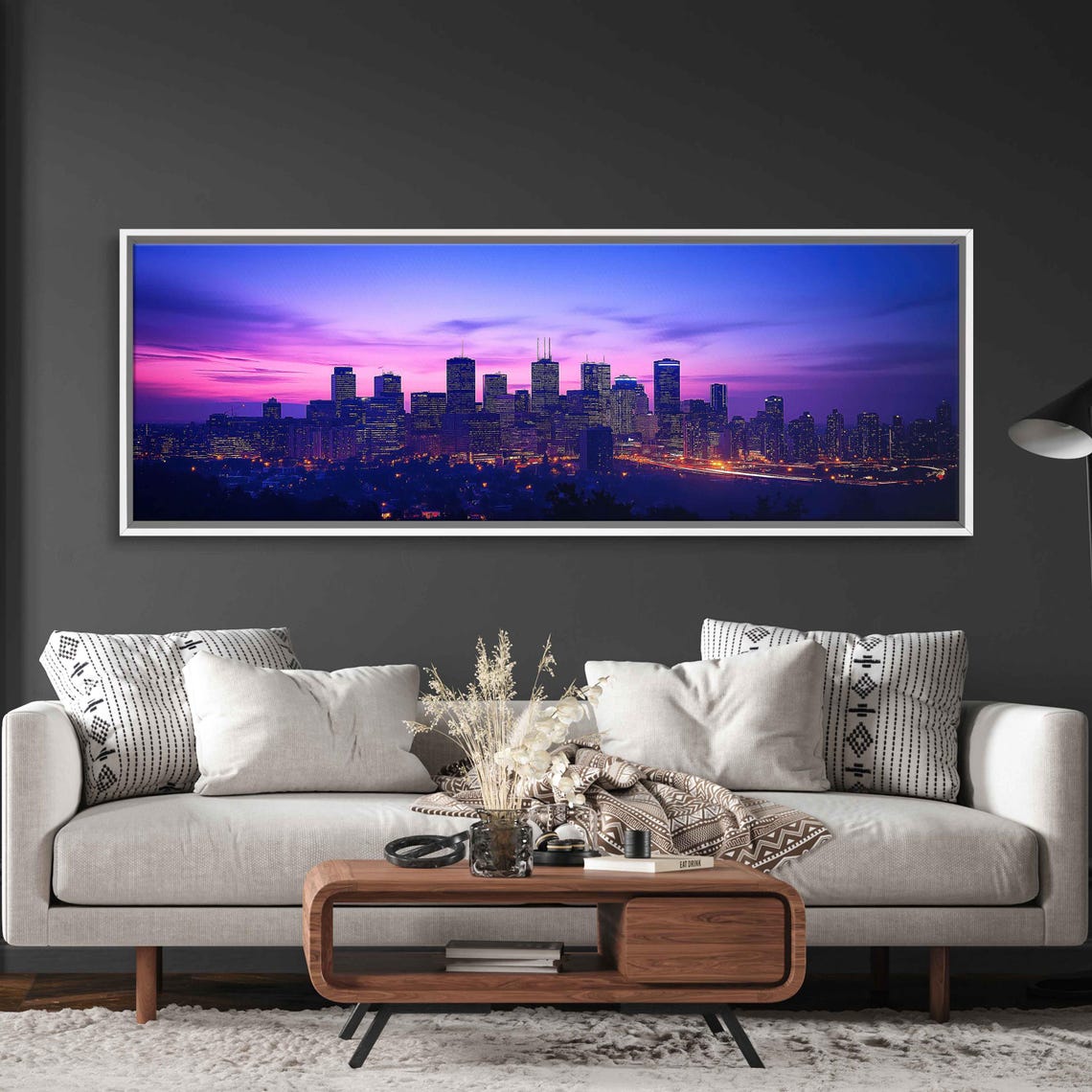 City Skyline Twilight Purple Sky Urban Lights Panoramic Travel Poster