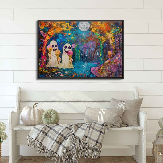 Cute Ghosts Eating Ice Cream Under Full Moon Colorful Poster
