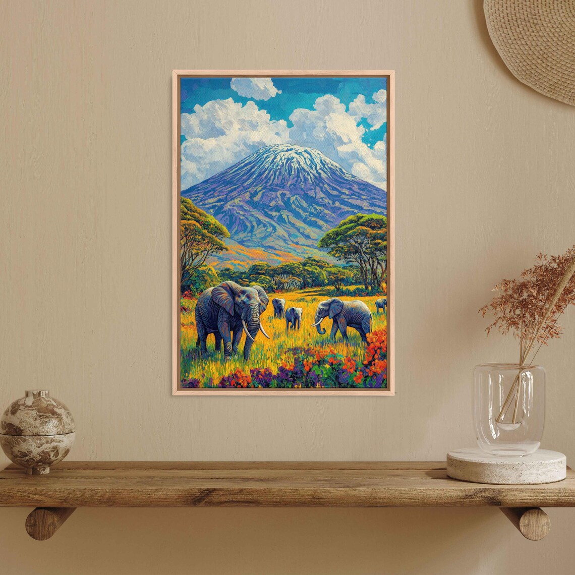 Kilimanjaro Elephants Safari Snow Capped Peak Colorful Savanna Acrylic Travel Poster