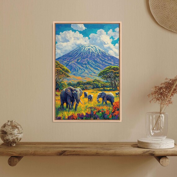 Kilimanjaro Elephants Safari Snow Capped Peak Colorful Savanna Acrylic Travel Poster