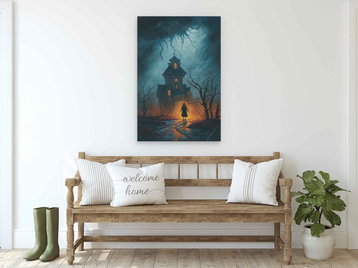 Haunted Victorian House Storm Night Lantern Figure Gothic Art Poster - Image 3