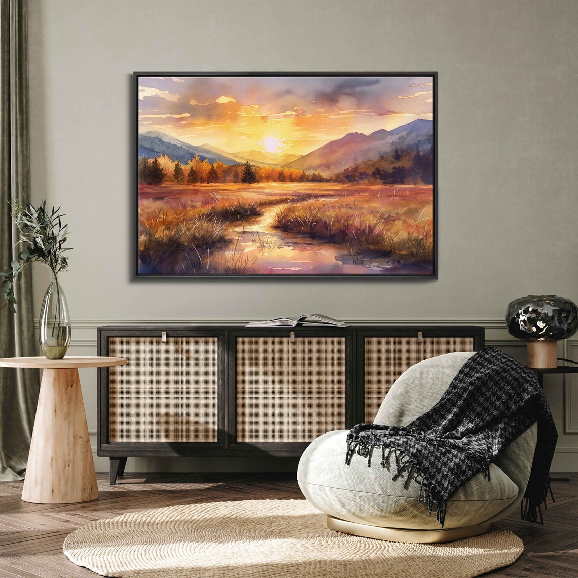 Sunset Over Autumn Meadow With Winding Creek Watercolor Poster