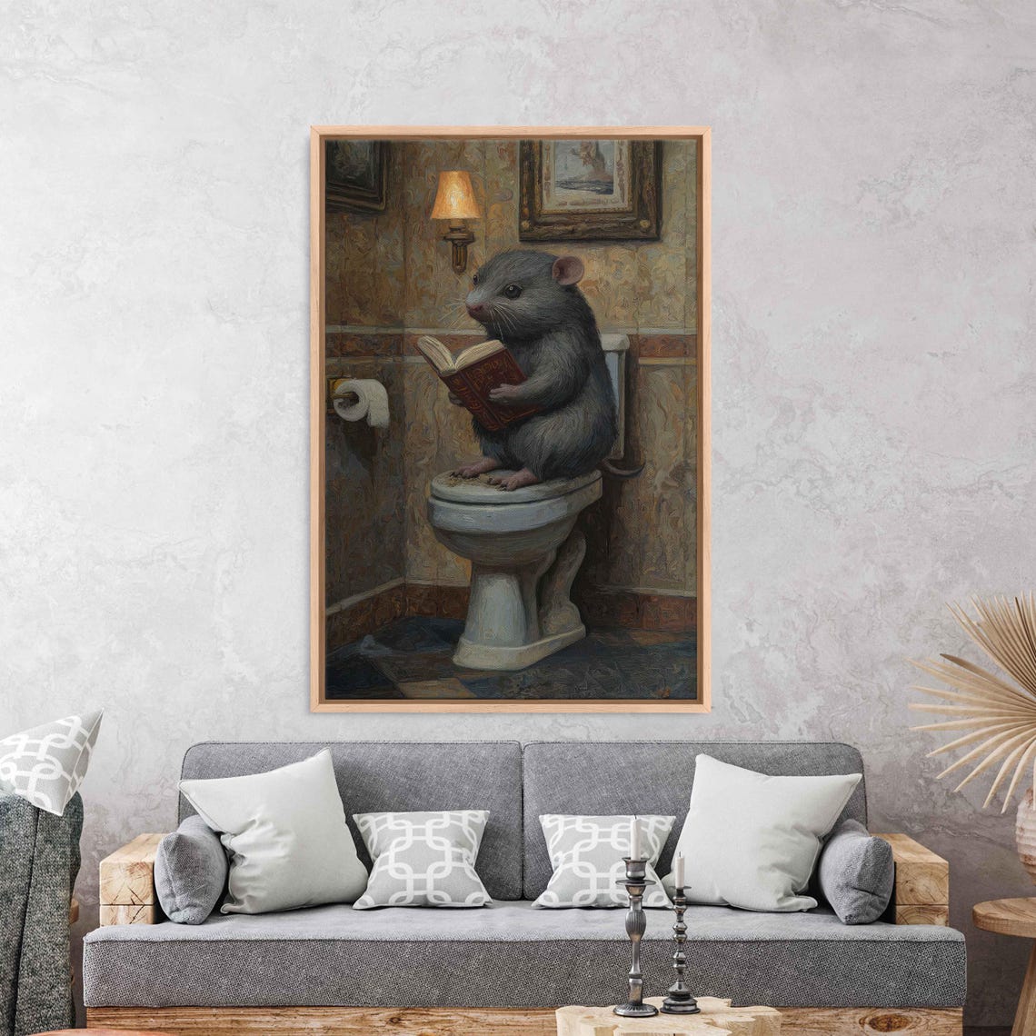 Whimsical Rat Reading Book On Toilet Vintage Bathroom Funny Art Poster
