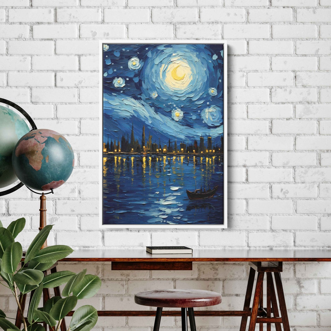 Van Gogh Starry Night Inspired Oil Painting Framed Print Ready To Hang - Image 3