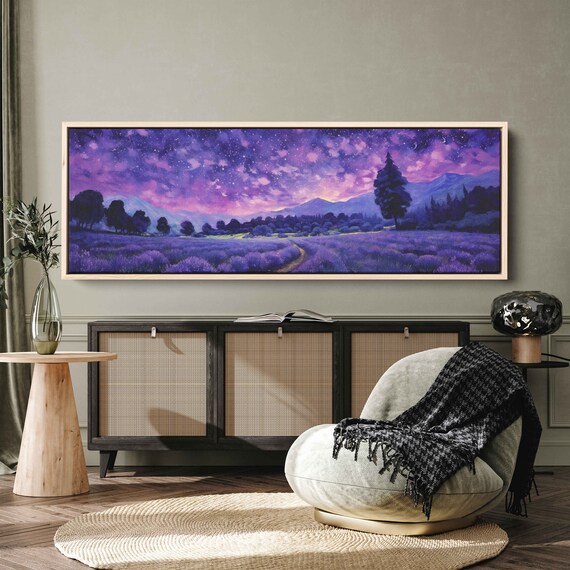 Lavender Field Colorful Starry Night Sky Panoramic Mountain View Art Poster