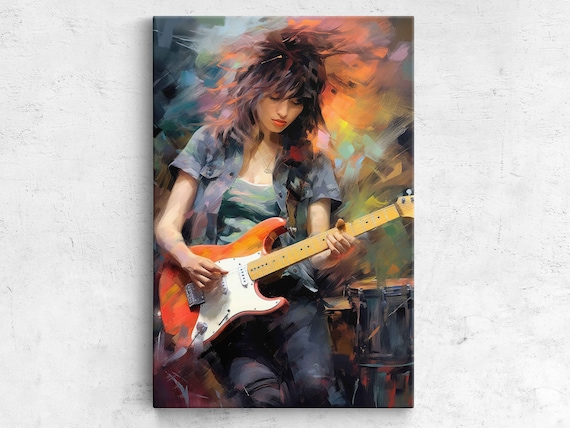Woman Playing Electric Guitar Painterly Female Rockstar Musician Art