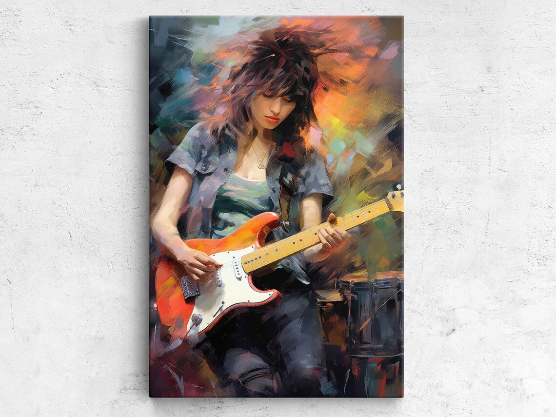 Woman Playing Electric Guitar Painterly Female Rockstar Musician Art