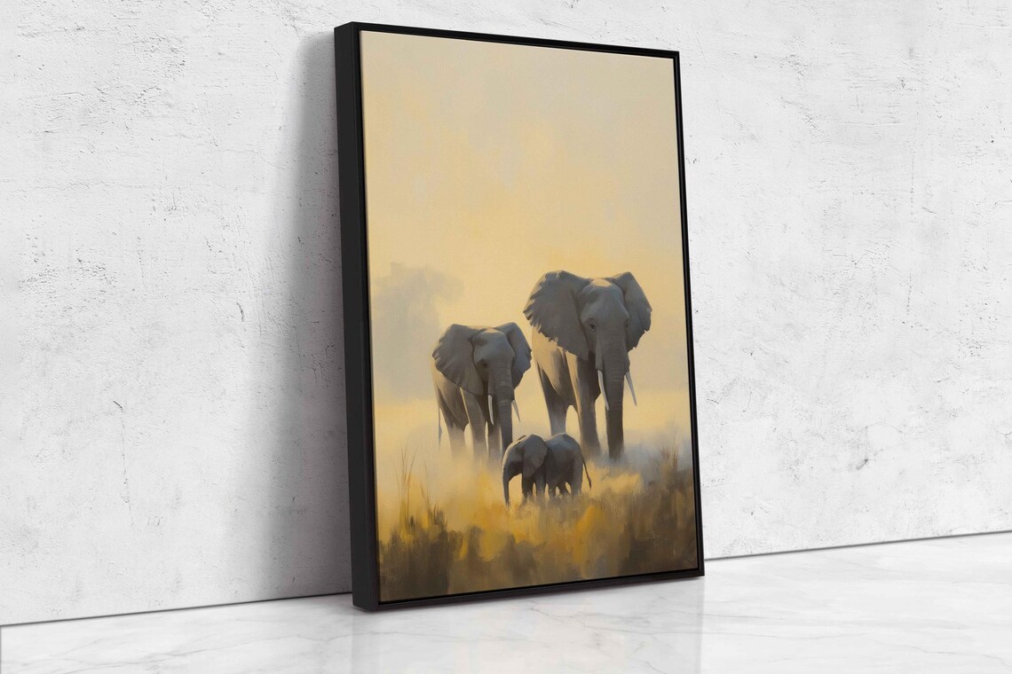 Elephant Family Golden Mist Dawn Painting Mother Calf Savannah Tranquil Wildlife Poster - Image 4