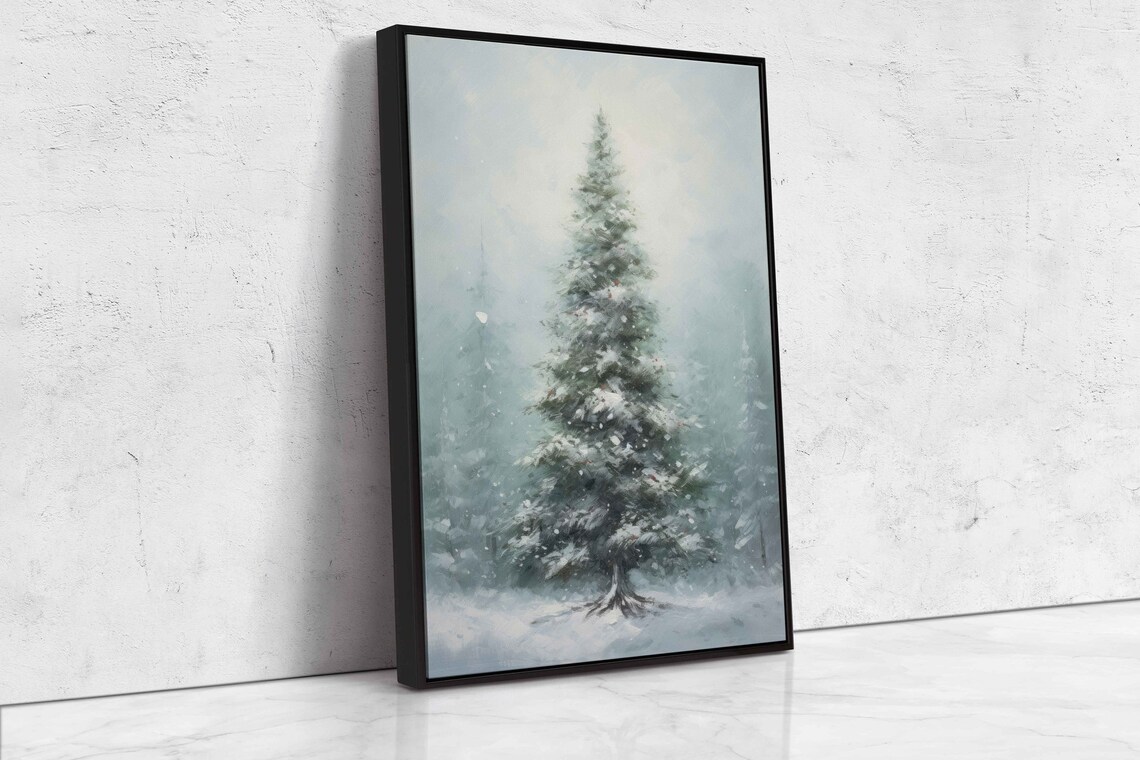 Snowy Winter Tree Acrylic Painting Muted Blue Grey Frosty Nature Art - Image 4