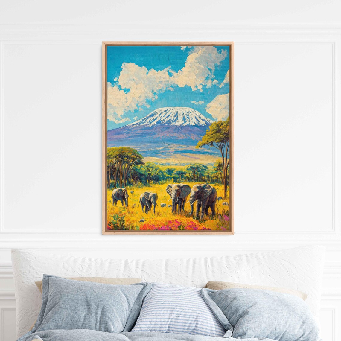 Kilimanjaro Snowcapped Peak with Elephant Herd in Savanna Acrylic Painting Poster - Image 3