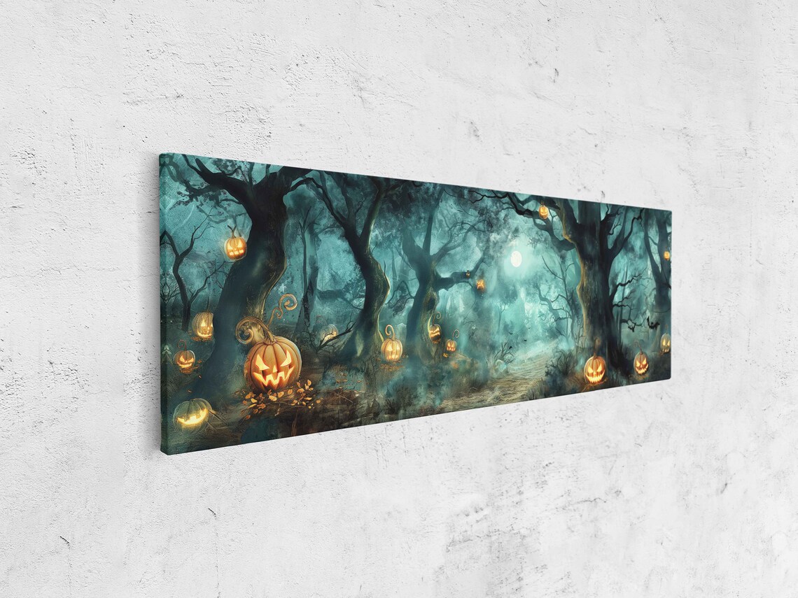 Moonlit Forest Path Glowing Jack O Lanterns Foggy Night Halloween Print - Image 4