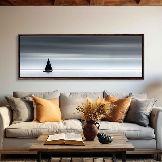Tiny Sailboat On Misty Gray Sea Black White Panoramic Poster