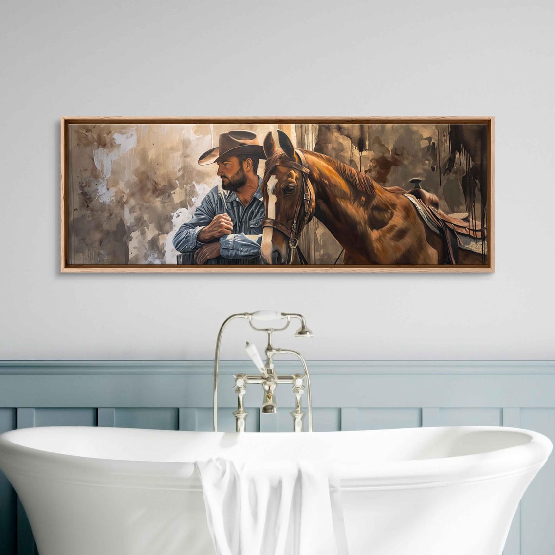 Cowboy Standing Beside Chestnut Horse Rustic Panoramic Wall Poster - Image 3